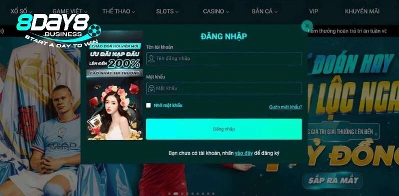 Các thông tin cần điền khi đăng nhập 8DAY